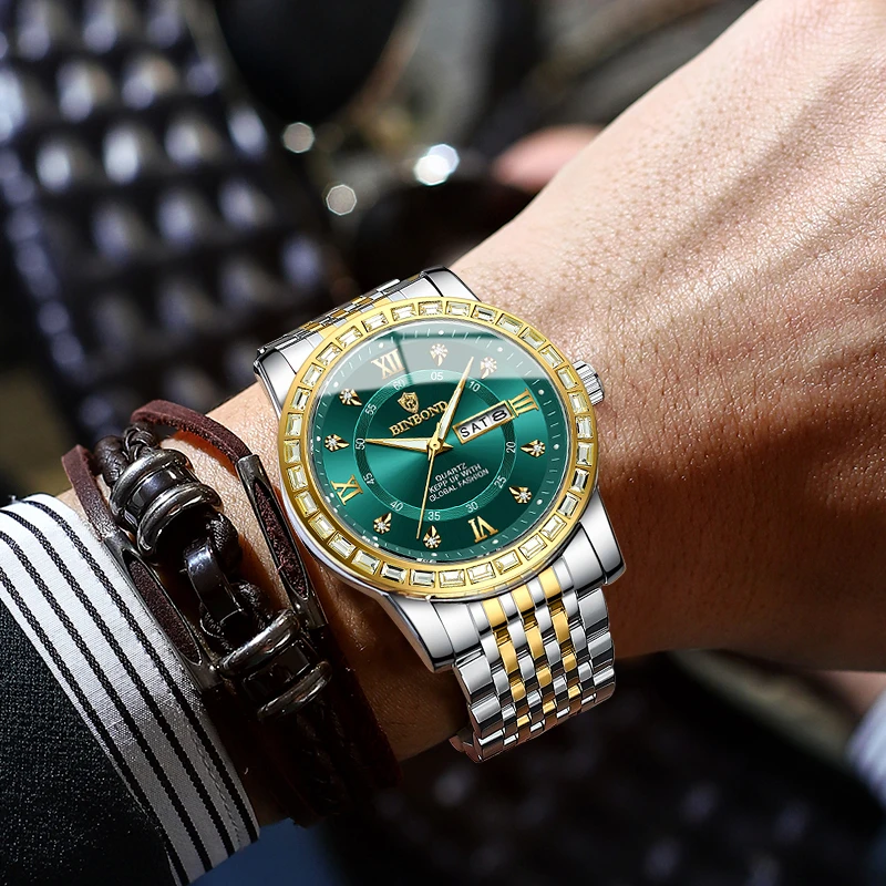 BINBONG Men's Quartz Watch Fashionable Business Diamond Inlaid Watch with Date and Week Display Waterproof and Luminous Pointer