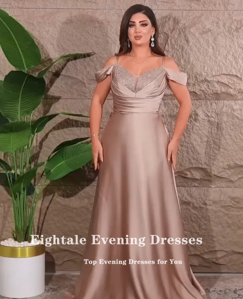 Eightale Emerald Green Evening Dress Spaghetti Strap Beaded with Pearls A-Line Satin Pink Prom Wedding Party Gown Abendkleider