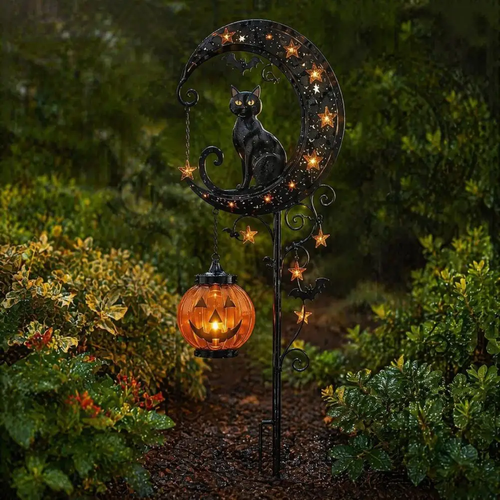 Outdoor Lantern Decorations Waterproof Solar Garden Stakes Halloween Solar Garden Stake Lights Black Cat Pumpkin Moon Outdoor