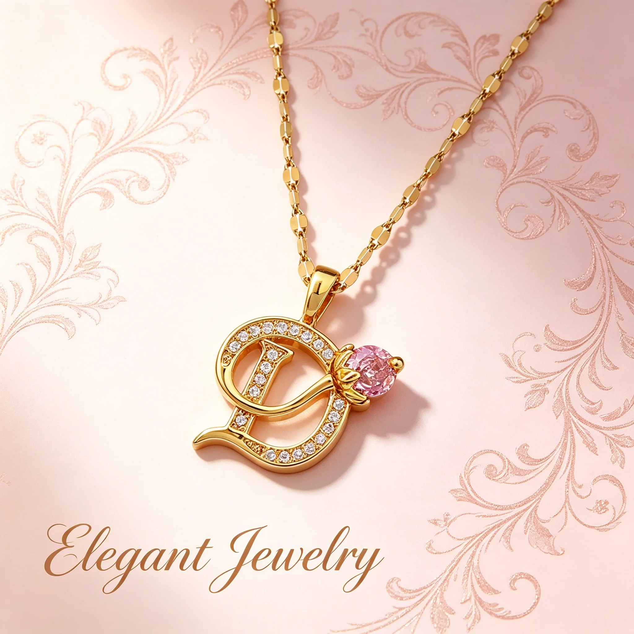 Initial Letter D Pendant Necklace, White Sparkling Accents Pink Flower Personalized Jewelry Gift for Women & Girls