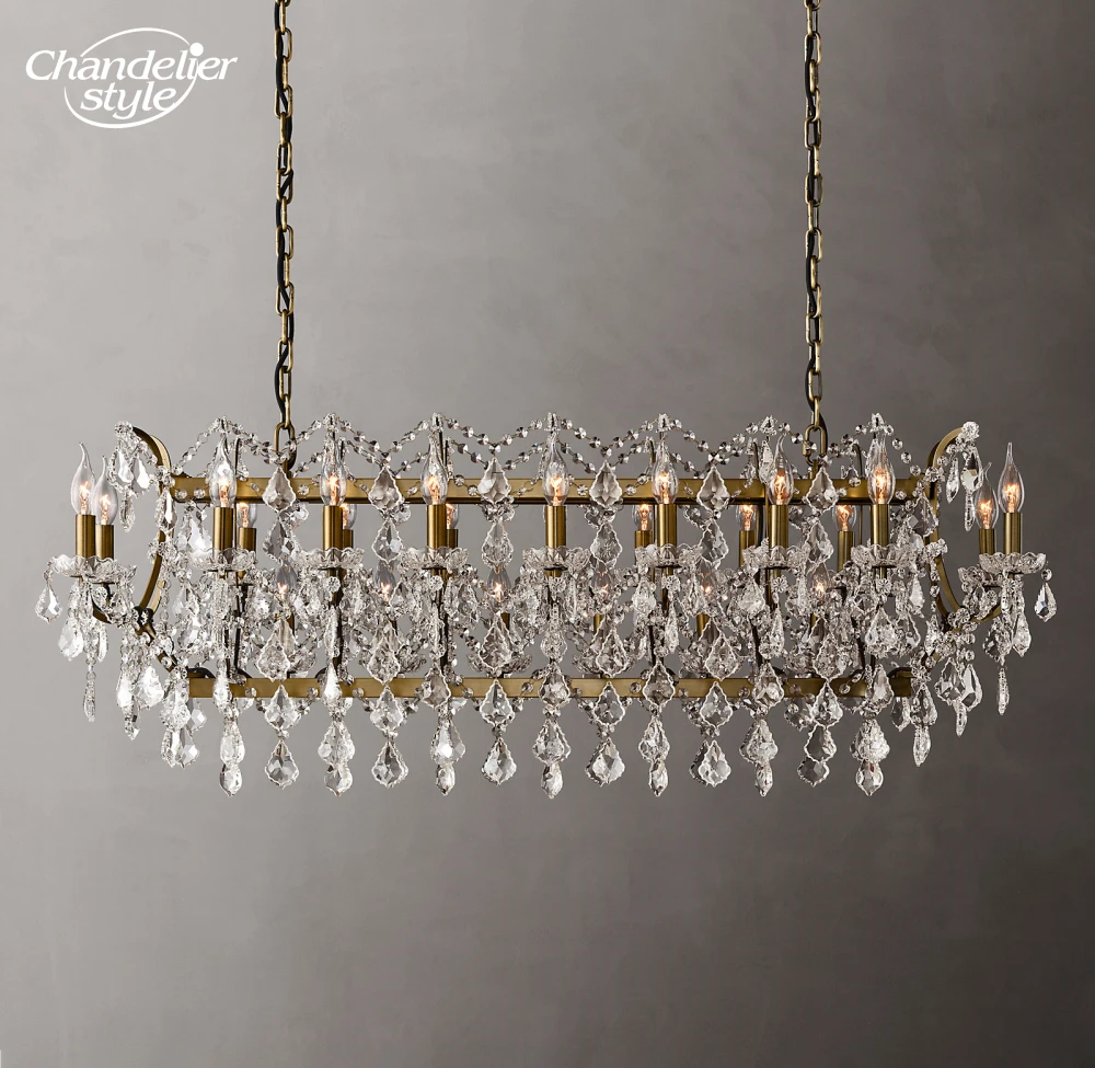 19th C. Rococo Iron & Crystal Rectangular Chandeliers Modern Retro LED Brass White Candle Lamps Living Room Dining Room Lights