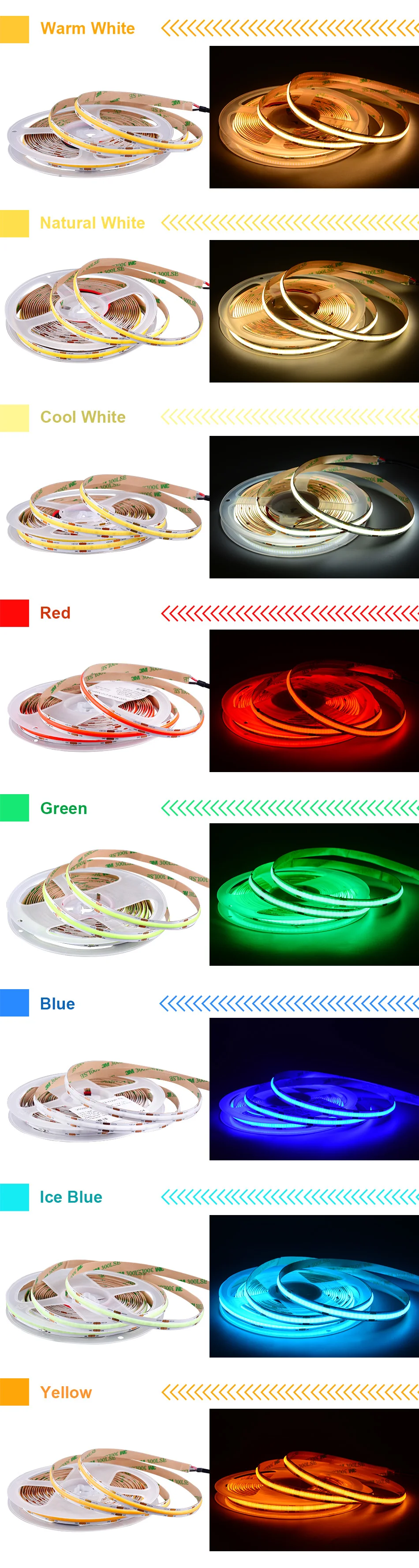 DC 12 V 24 V COB-LED-Streifenlicht, 480 LEDs/m, flexibles Klebeband mit hoher Dichte, natürliches Kaltweiß, Rot, Eisblau, LED-Lichtleiste, lineare Lampe – Detail 3