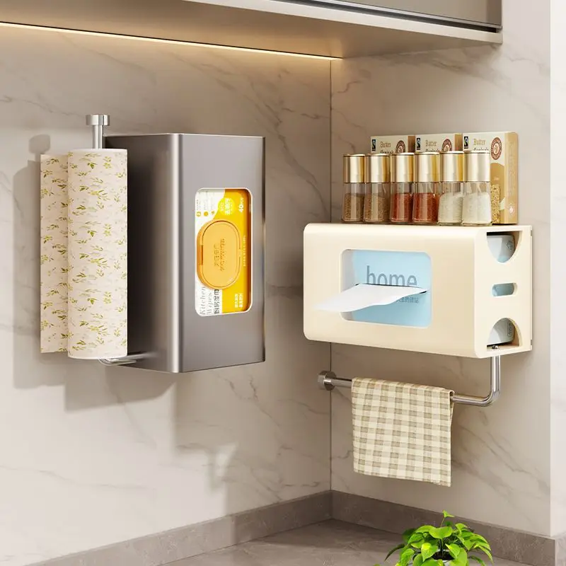 Kitchen Wall-mounted Hole-free Paper Towel Holder Wet Wipes Box Rag Plastic Wrap Roll Paper Shelf Storage Rack