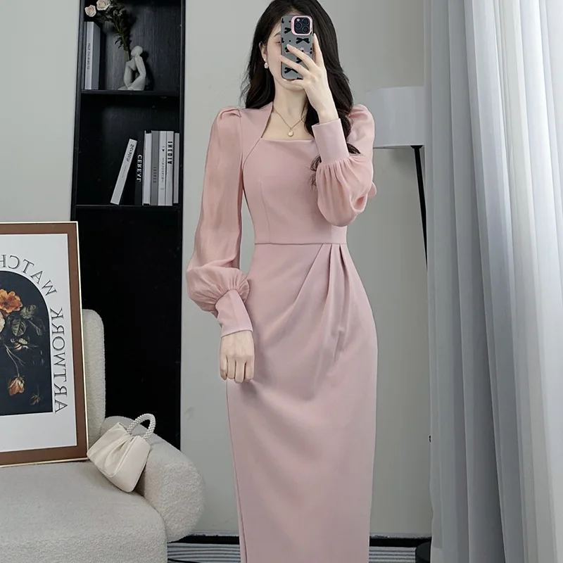 

2025 Spring Autumn New Women's Pink Dress Slim Fit Elegant Square Collar High End French Style Casual Long Dress