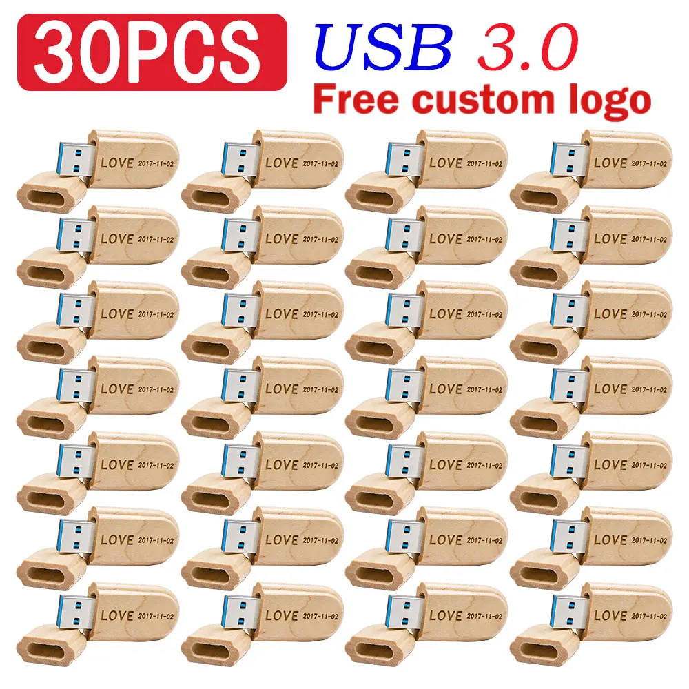 30PCS LOT USB3.0 Flash Drive 128GB Free Custom Logo Memory Stick 64GB Walnut Wood High Speed Pen Drive 32GB Creative Gift U Disk