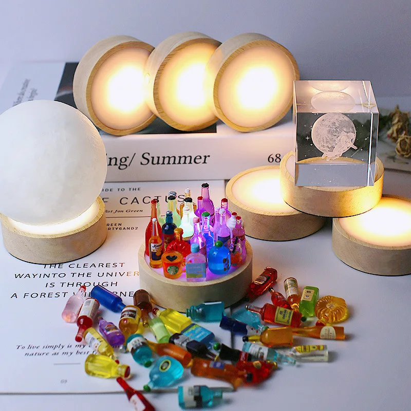 LED Night Light 10cm Round Wooden Base Desktop Decorative Wooden Holder Display Stand Lamp For Crystals Ball Acrylic Decoration