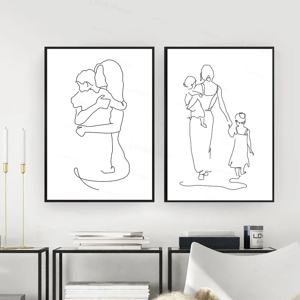 Mother And Daughter Son Art Line Drawing Posters Abstract Minimalist Wall Art Canvas Print Painting Moder Decorative Pictures