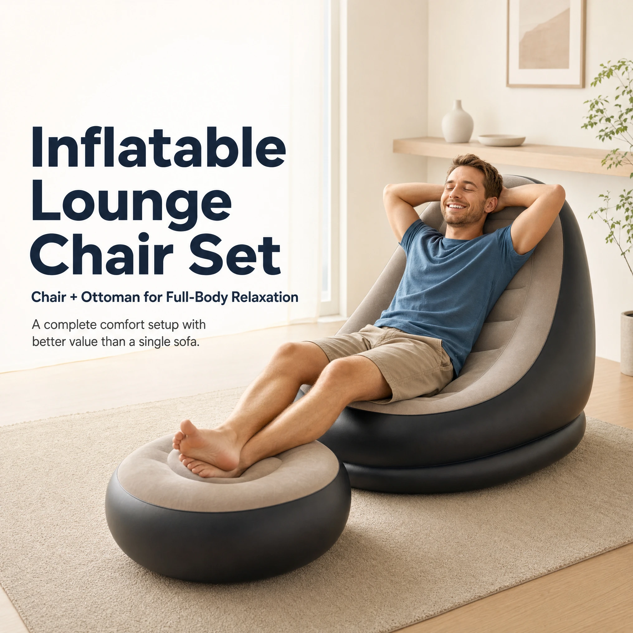 2 IN 1 Flocked PVC Inflatable Sofa Set with Stool Foldable Lazy Lounge Chair Anti Slip Base Indoor Bedroom Camping Leisure Sofa