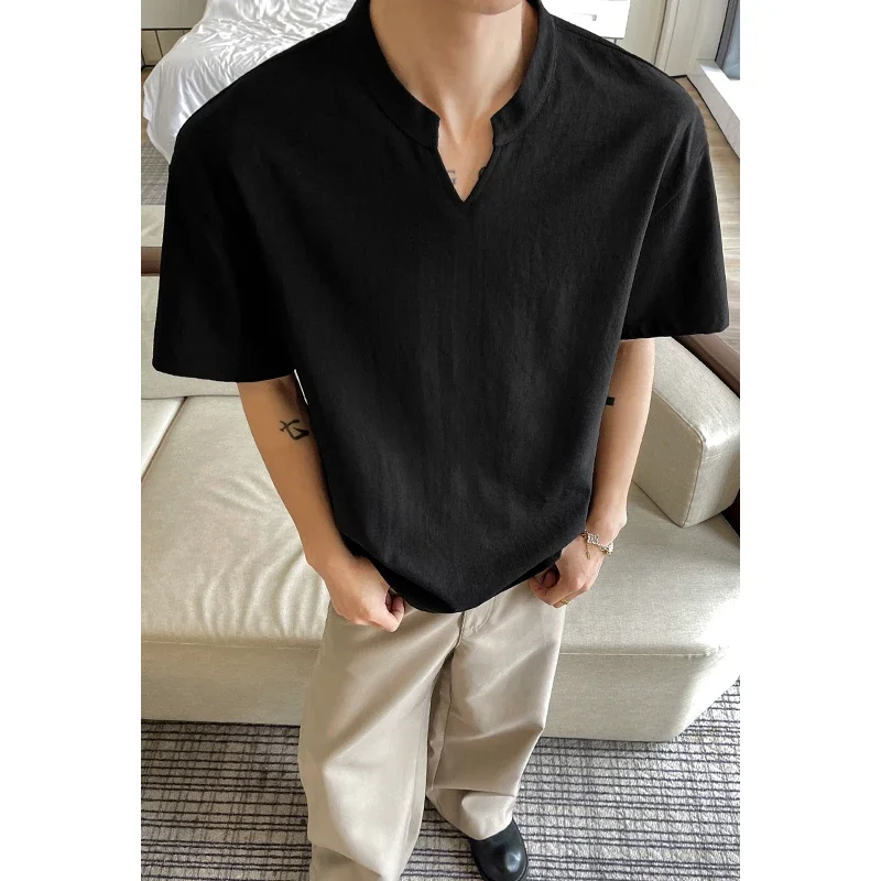 Men Minimal V Notch Collar Short Sleeve Tee Linen Breathable Fabric Curved Hem Versatile Street Casual T Shirt