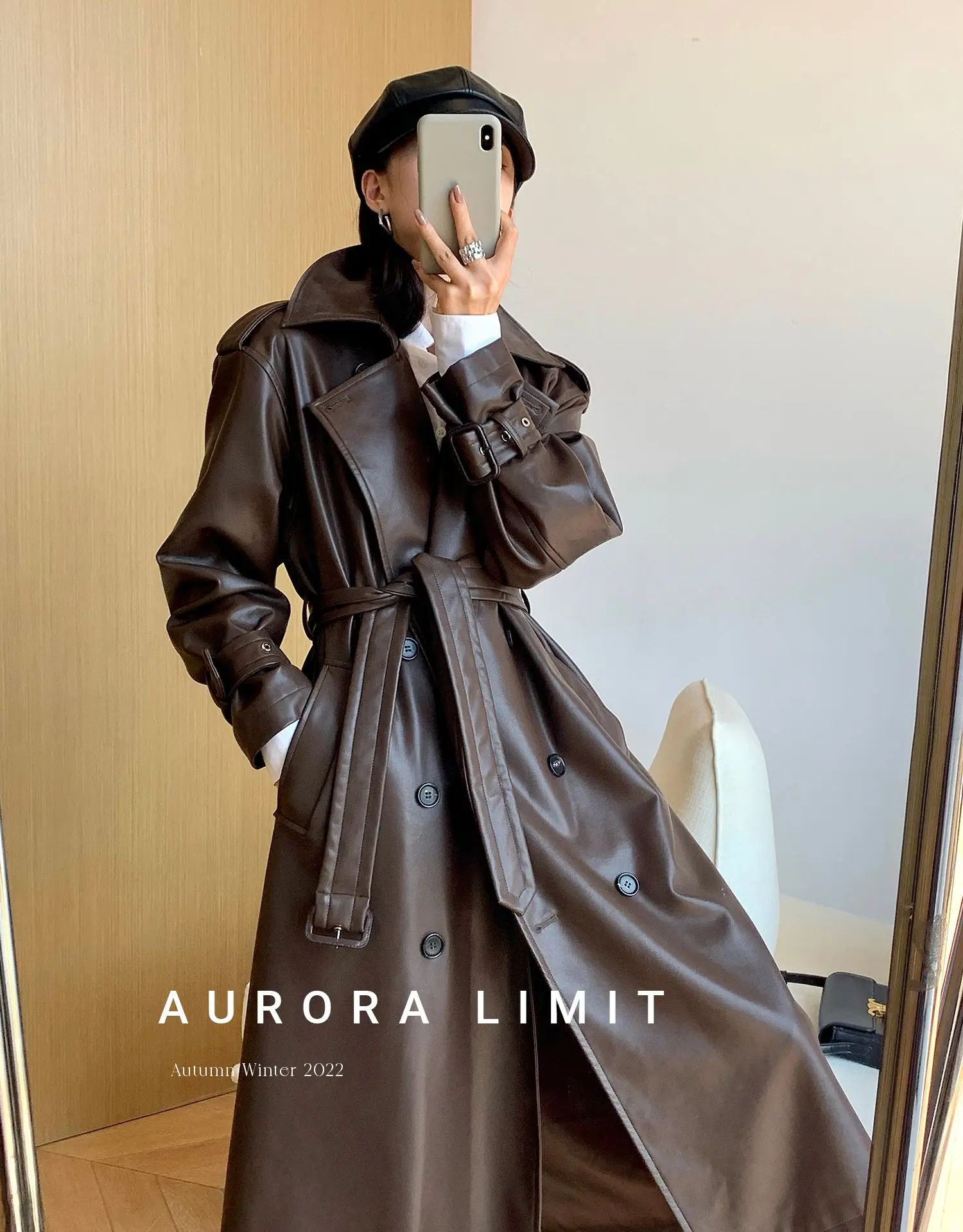 Lautaro Spring Autumn Long Loose Brown Pu Leather Trench Coat for Women Belt Double Breasted American and European Fashion 2023