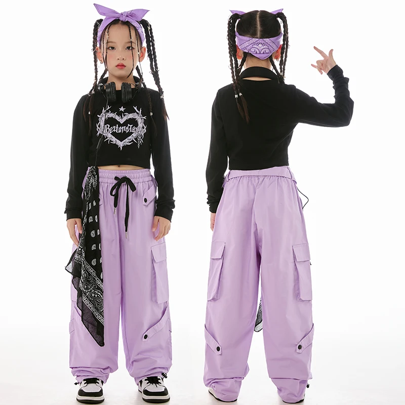 K-pop-女の子のジャズダンス服,黒のトップス,パープルカーゴパンツ,キッズヒップホップ,パフォーマンスウェア,グループステージ服,bl1xx