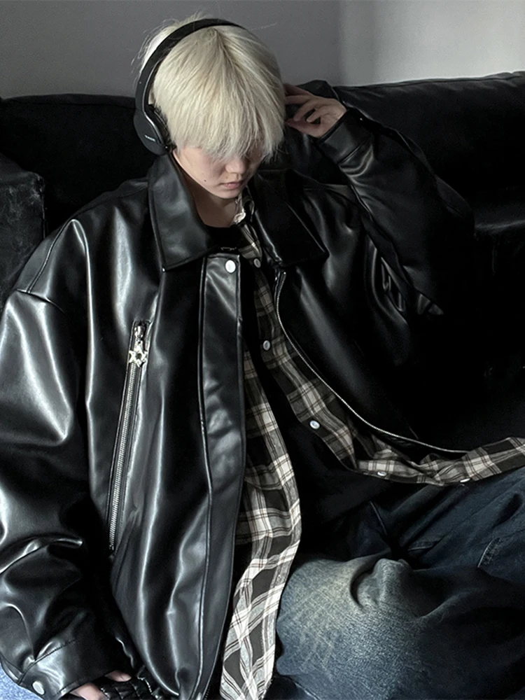 

Мужская кожаная куртка в американском ретро-стиле для мотоциклистов, осенне-зимняя, в уличном стиле, однотонная, с отложным воротником, на молнии