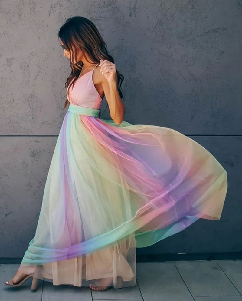 Fantasy Deep V Neck Rainbow Women Party Dress Sexy Mesh senza maniche Backless abito da sera Fashion Big Hem pendolo Vestidos Robe