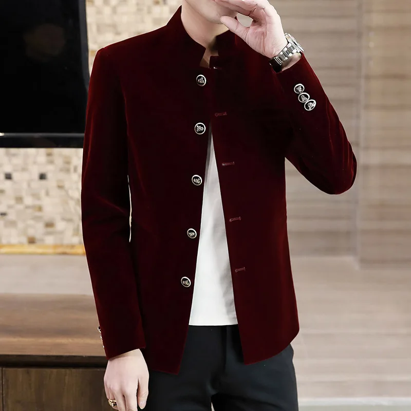 Coat men\'s light luxury new boutique golden velvet MAO suit youth fashion trend handsome solid color stand collar coat