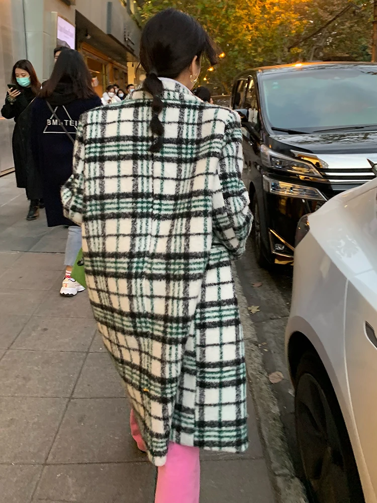 Green Plaid Woolen Coat 2025 New Women's Mid-Length Small Size Tweed Coat Korean Style Commute Print Pocket Thick Winter Coat