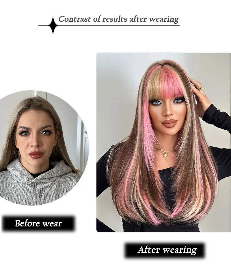 NAMM Lange, gerade, farbenfrohe Perücken für Frauen mit Pony, natürlich aussehendes, weiches, hochwertiges synthetisches, hitzebeständiges Faserperückenhaar – Detail 2
