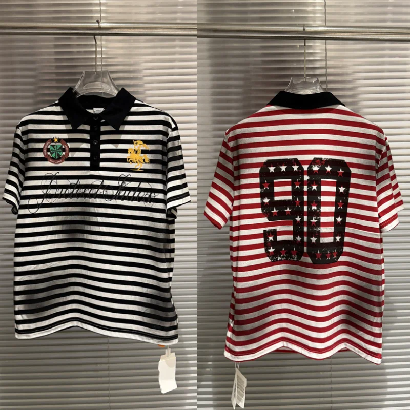 Retro Protocol Stripe Neck Short Sleeve T-shirt High Street Dirt Dye Loose Half Buttoned Cotton Tee Tops for Men Women