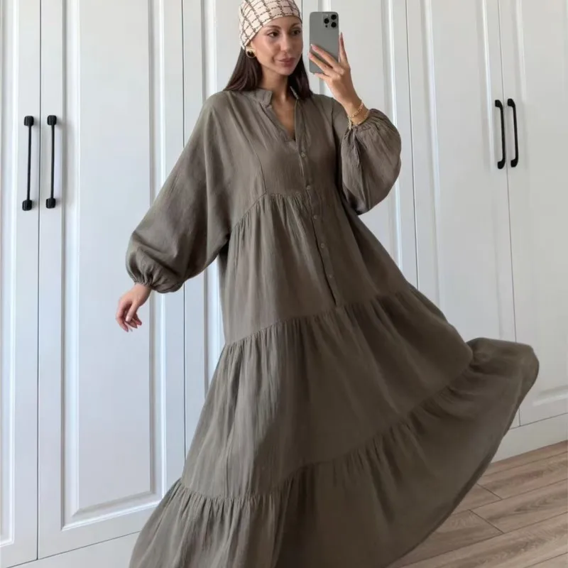 

Autumn New Women's Loose Solid Color Vacation Long Dress With Single Row Buttons Fashionable Casual Long Sleeved A-line Frock
