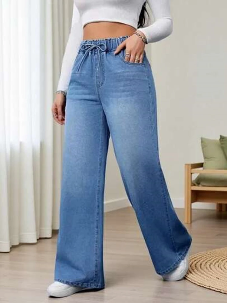 

2026 Summer European American Trend Loose Casual High Waist Women Denim Jeans Elastic Waist Wide Leg Floor-Length Pants