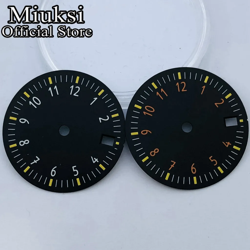 Miuksi 29mm black blue green white sterile watch dial luminous fit NH35 movement fit 3 o\'clock crown 3.8 o\'clock crown