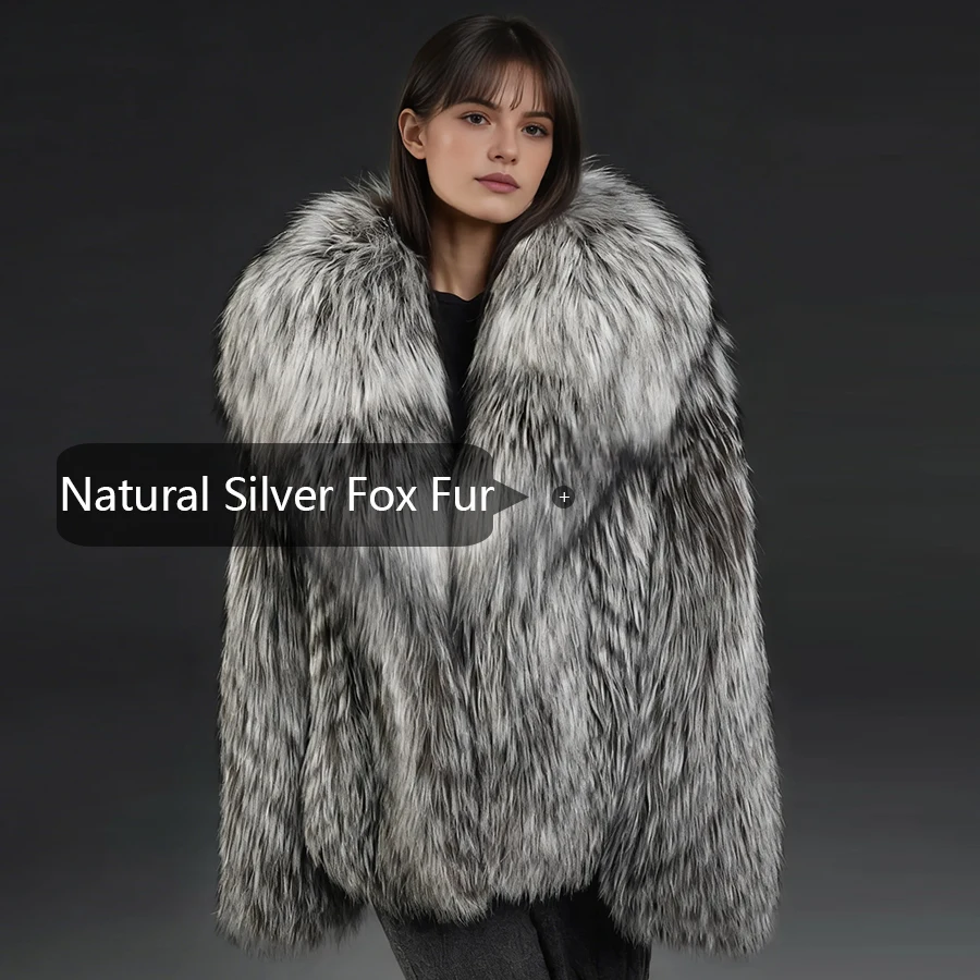 Chaqueta de piel de zorro natural con cuello vuelto, chaqueta de piel de zorro plateado auténtico, chaquetas de invierno para mujer, prendas de abrigo de piel auténtica de lujo