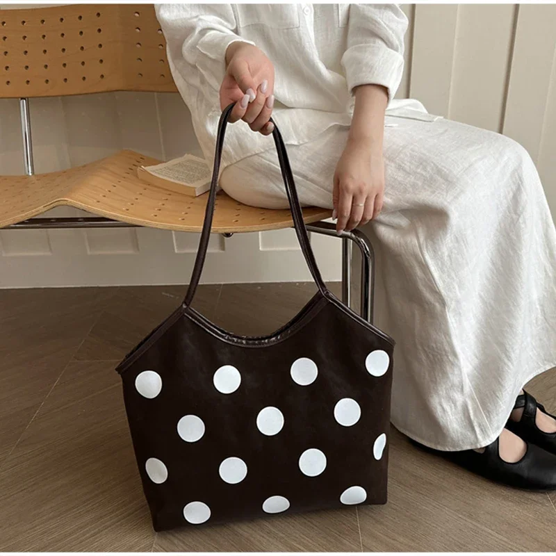 Koreanische Schultertasche mit Polka-Dot-Muster, Vintage-Kunsthandwerkliche Canvas-Tragetasche für Damen, lässige Alltagstasche mit Henkel. – Detail 8