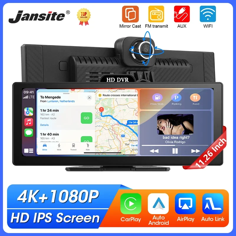 Portable 11.26 Inch 4K DVR Wireless CarPlay & Android Auto Dash Cam Bluetooth GPS Navigation Dashboard Dual Lens Video Recorder