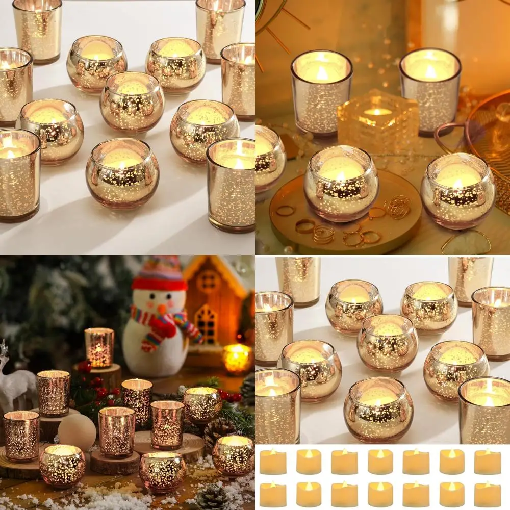 Juego de 24 candelabros votivos surtidos con luz LED para té, candelabro votivo decorativo de vidrio de mercurio, ópera con batería sin llama