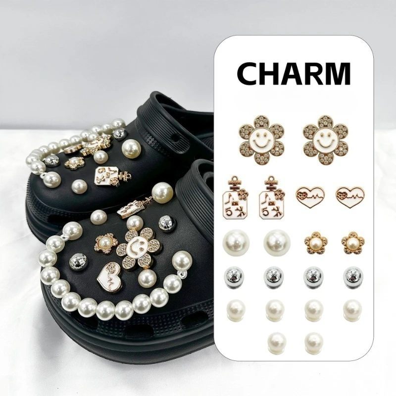 22 шт., роскошные подвески для обуви, набор аксессуаров, пряжка для обуви с отверстиями, стразы, цветок, жемчужная цепочка, сделай сам, украшения для монет для сумки Bogg