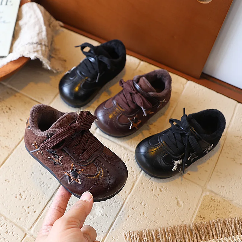 Kids'Casual Shoes Color Blocking Star Fashion PU Leather Winter Flat Shoes For Children Anti-slip Warm Black Brown Size 22-31