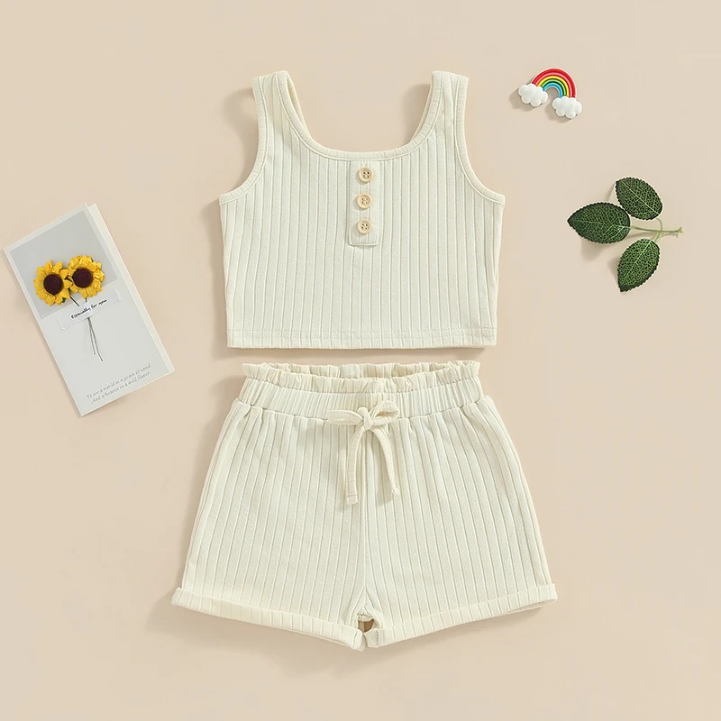 2023-05-07 Lioraitiin 0-8Years Kid Girls 2Pcs Summer Pants Suit Sleeveless Knitting Vest Tops Solid Drawstring Shorts