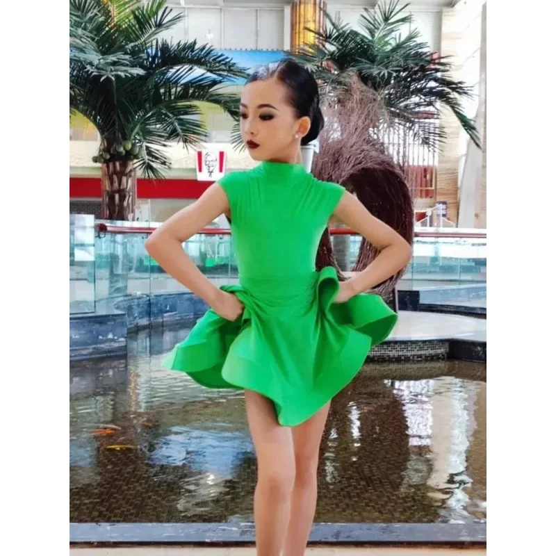 

❤o Lei 2026 New Cosplay Green ballroom latin Short Sleeve dress girls american dance rumba cha samba tan ★Halloween Costume