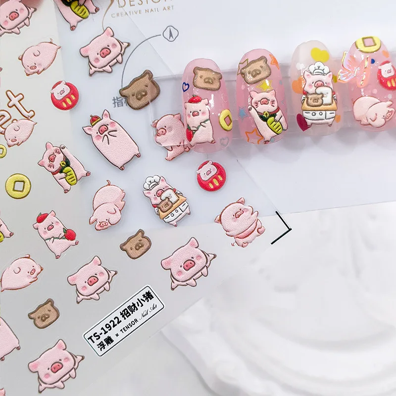 Cute Cartoon Wealthy Piglet 5D Soft Reliefs Self Adhesive Nail Art Decorations Stickers Rabbit Bear 3D Manicure Decals Wholesale