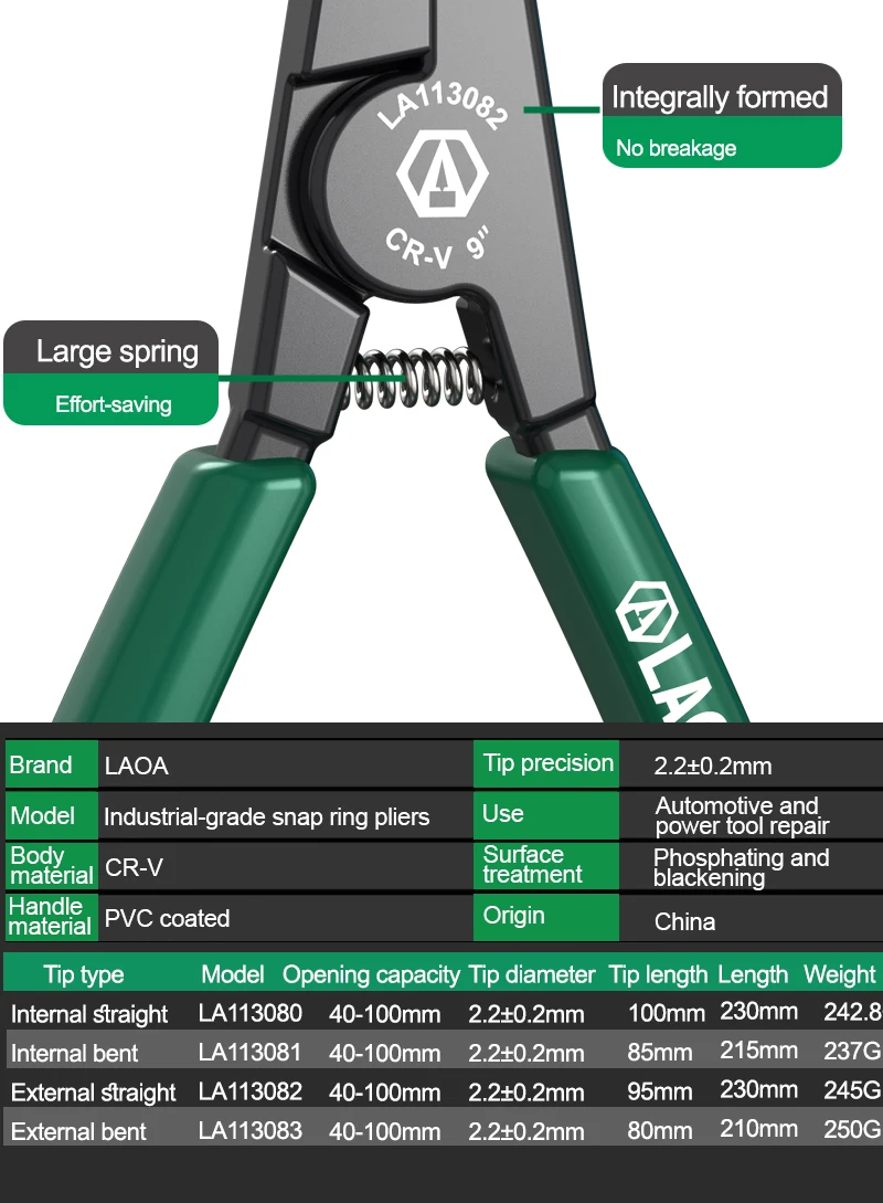LAOA 9-Zoll-Sicherungsringzange aus CR-V-Stahl mit geraden/gebogenen Spitzen für 40-100 mm, Autoreparaturwerkzeuge – Detail 18