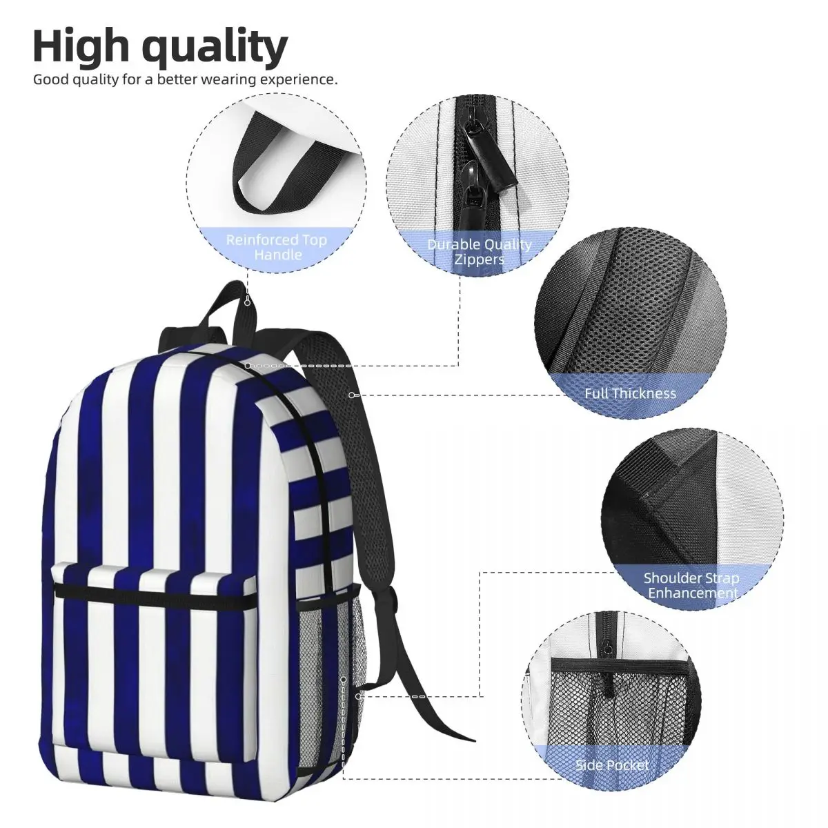 Classic Stripes Navy Blue And White Backpack Student BookBag Children School Bag Computer Shoulder Bags for Men Women