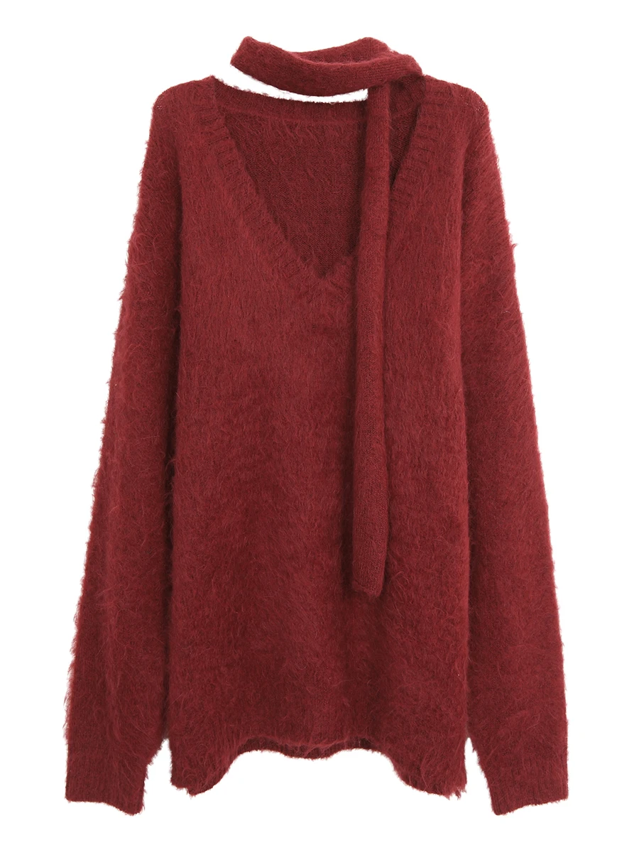 

Красный шерстяной вязаный свободный длинный свитер свека, женский осенний повседневный высококачественный топ с v-образным вырезом и прямым кроем