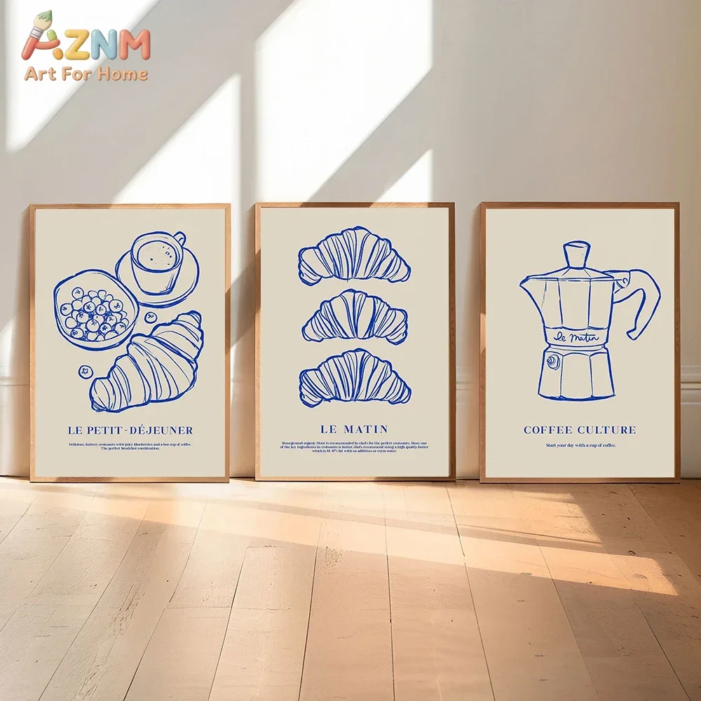 AZNM French Breakfast Croissant Coffee Canvas Wall Art Minimalist Blue Line Art Kitchen Aesthetic Retro Unframed Home Decor Prin