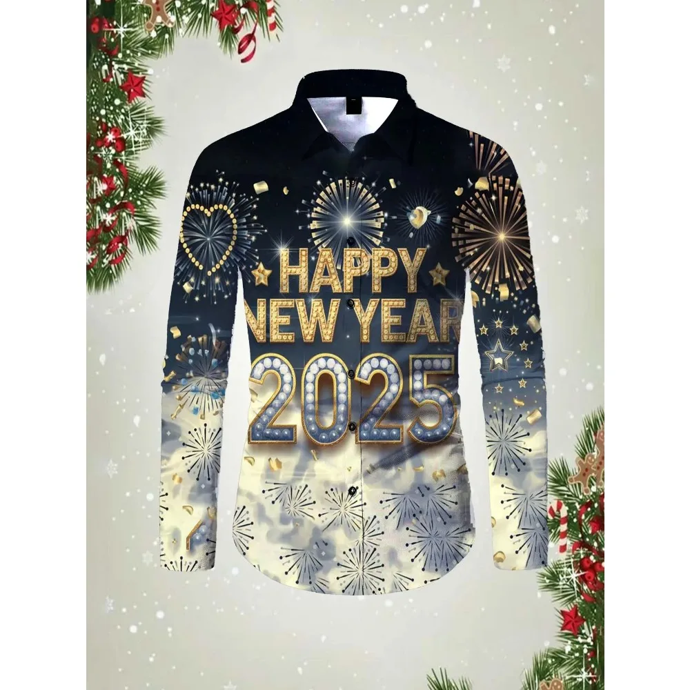 2025 Happy New Year Pattern 3D printed Men's long sleeved shirt top spring autumn new fashion casual unisex clothing