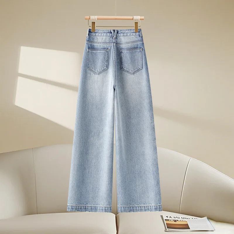 أزياء ضوء اللون واسعة الساق الجينز الخريف الساخن الأمريكية الرجعية عالية الخصر التخسيس فضفاض السراويل المستقيمة #2