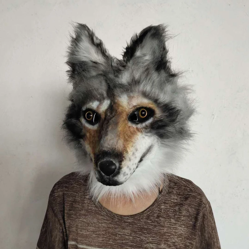 NEW Grey Furry Wolf Mask Cosplay Costume Accessories Faux Fur Animal Full Head Masks Anime Party Dress Up Headgear Realistic