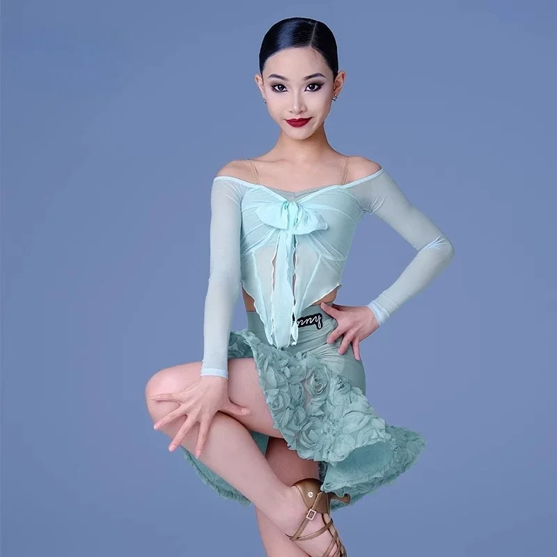 

2025 Latin Dance Training dress for girls Autumn and Winter halter long sleeve bow top petal half skirt