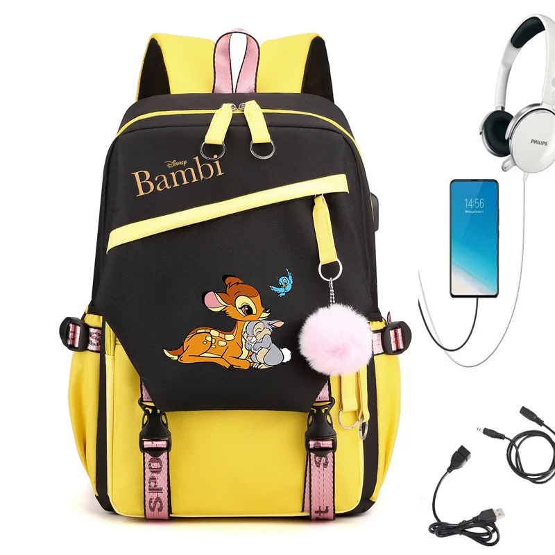 Disney-Bambi mochila de carregamento USB para mochila masculina e feminina, bolsa de escola Anime Cartoon