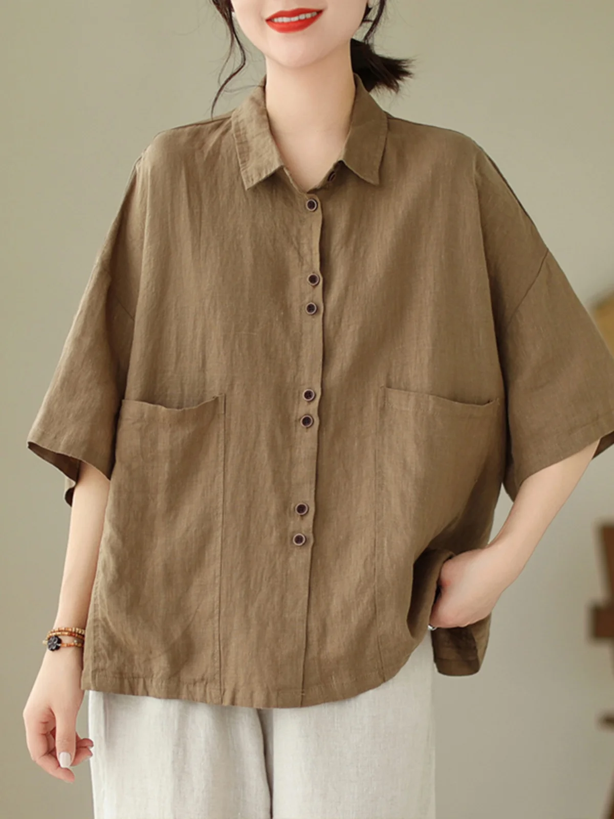 

Japanese Sle Cotton Linen ort Sve irt Women's Retro Large ket Loose Casual Linen Top Summer Thin Five Sve Length