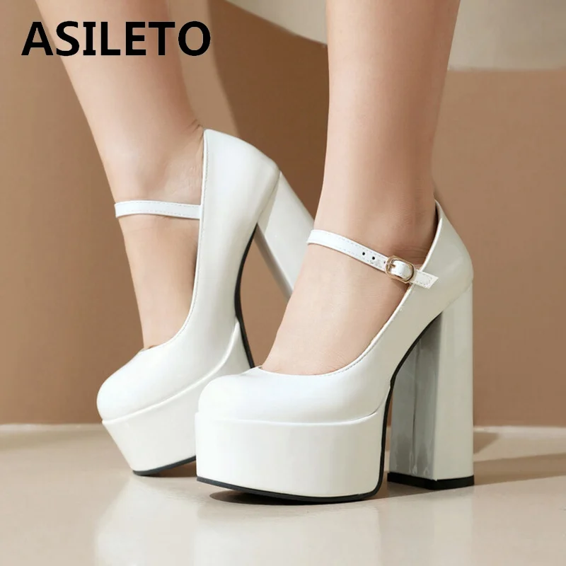 ASILETO 2024 New Mary Janes Women Pumps Shoes Round Toe 14cm Thick Block Heel 5cm Platform Patent Leather Buckle Big Size 41 4