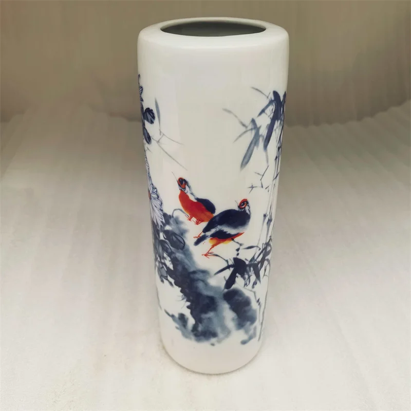 Chinese Old Porcelain Vase Blue White Glaze Red Chrysanthemum Bird Patterns Collectible Antique Asian Decorative Ornament