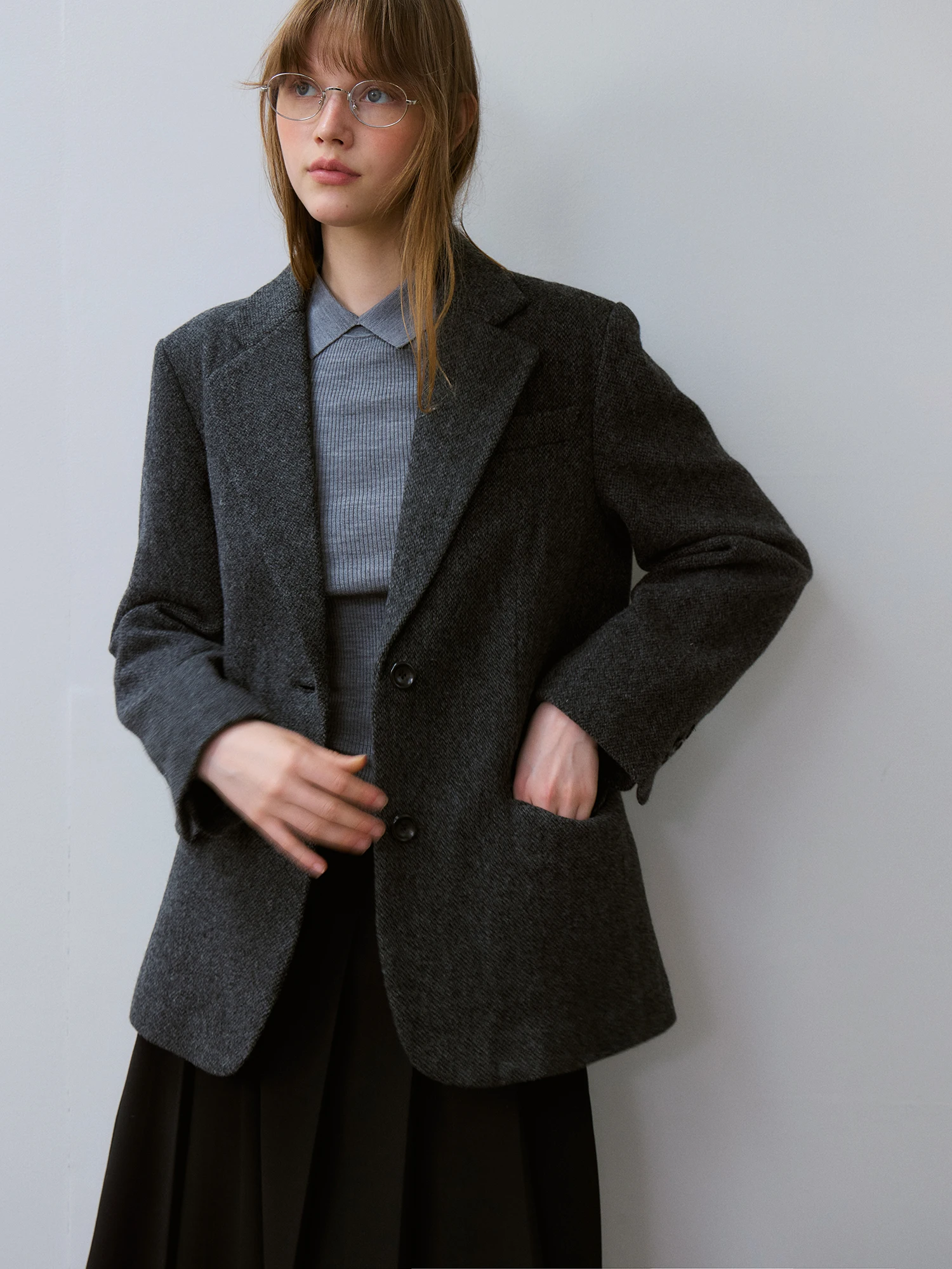 Retro Style Loose Fit Woolen Suit Jacket for Women Autumn Winter Fashion Commute Korean Version Full Woolen Tweed Coat