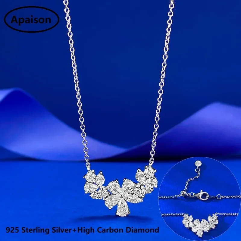Apaison 925 Sterling Silver Full High Carbon Diamond Necklaces Pendants For Women Wedding Party Ladies Fine Jewelry Gift