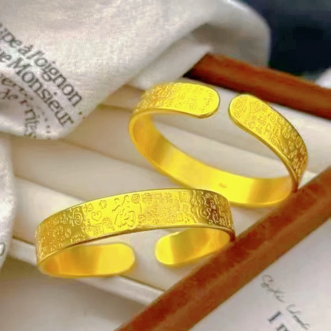 Light Luxury Hundred Blessings Wide Face Open Bracelet Women 24K Gold AU999 Chinese Style and Eye-Catching