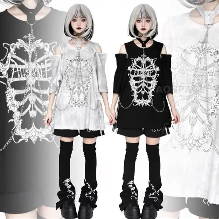

Original New Summer Gothic Subculture Off-Shoulder Y2k Rib Tie-Dye Halter Chain Short Sleeve Loose T-shirt Retro Tops