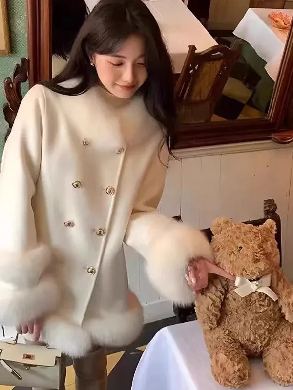 

Утепленное шерстяное пальто с имитацией меха, двубортное, приталенное, универсальное, новая зимняя коллекция, женская верхняя одежда